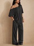 Womens Two Piece Striped Off Shoulder Top and Wide Leg Pants Set