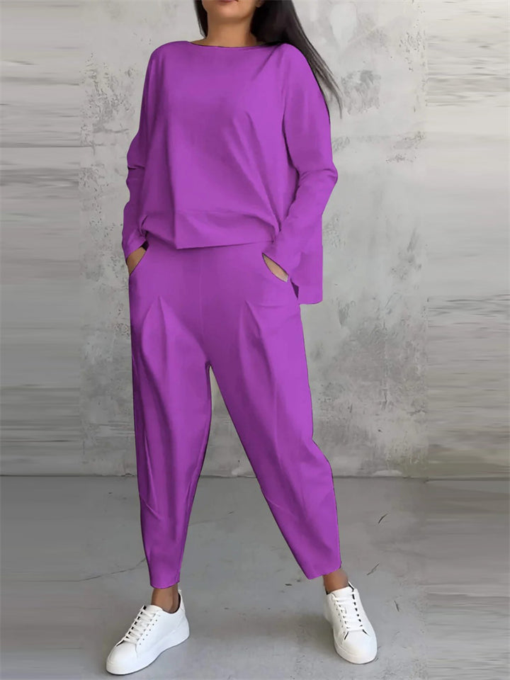 Women's 2Pcs Solid Color Sabrina Neck  Long Sleeve Top & Pockets Pants Set