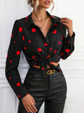 Women's Elegant Black Heart Print Lapel Long Sleeve Blouses
