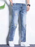 Mens Streetwear Ripped Distressed Zipper Split Hem Jeans