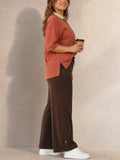 Women Plus Size Contrast Collar Polo Shirt Wide Leg Pants Set