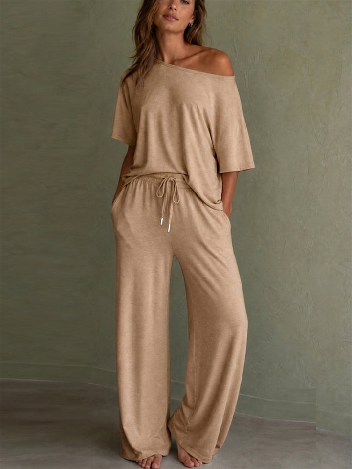 Women 2 Piece Off Shoulder High Waist Wide Leg Lounge Set