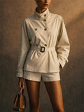Women Double Breasted Short Trench Coat Belted Jacket