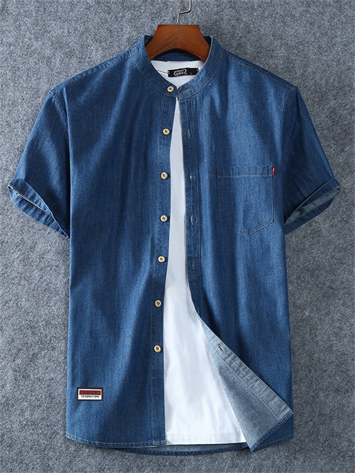 Plus Size Men's Summer Casual Cotton Stand Collar Denim Shirt