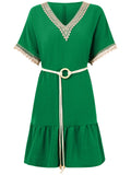 Women's Bohemian Lace V Neck Short Sleeve Ruffled Dress with Waistband