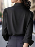 Ladies' Solid Color Lapel Button Up Long Sleeve Satin Blouses