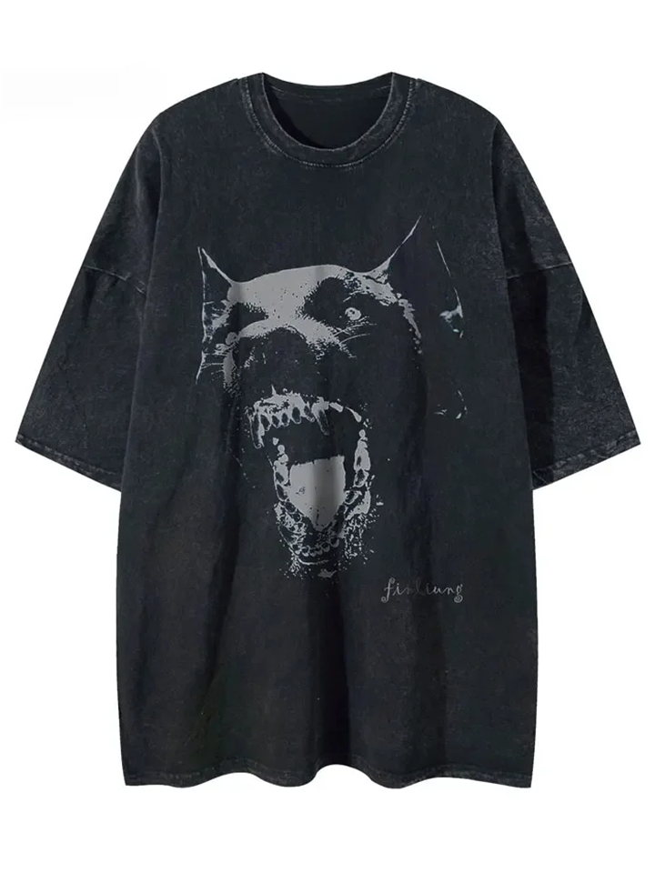 Super Cool Doberman Graphic Print Hip Hop Washed Shirts