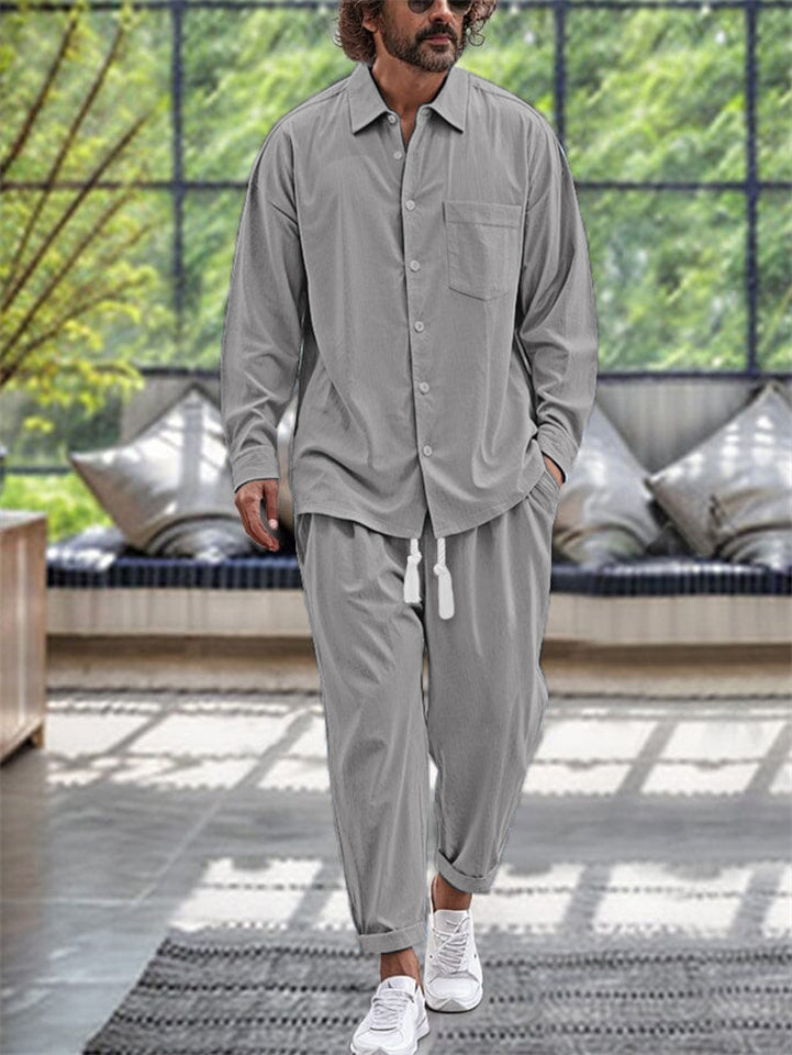 Men's 2 Pcs Casual  Solid Color Long Sleeve Lapel Top & Pants Set