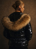 Women Shiny Faux Fur Hood Winter Puffer Parka Coats