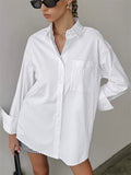 Women's Simple White Loose Fit Cotton Blend Blouses Casual Office Top