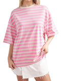 Casual Contrast Color Stripes Round Neck T-shirt for Women