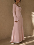 Women Contrast Trim Square Neck Flare Sleeve Textured Knit Maxi Dress