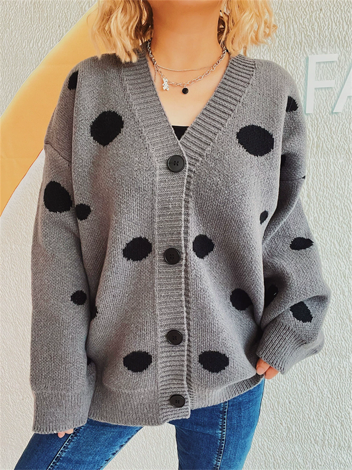 Women's Polka Dots Jacquard V Neck Long Sleeve Cardigan Sweaters