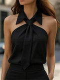Female's Elegant Summer Solid Color Lapel Sleeveless Halter Blouse