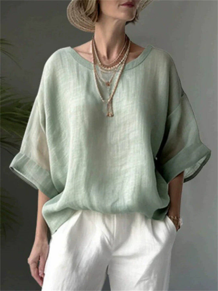 Women's Summer Elegant Solid Color Round Neck Drop Shoulder Shirts
