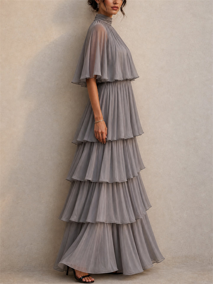 Womens Taupe High Neck Cape Pleated Tiered Evening Maxi Dress