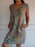 Women's Summer Causal Plants Printed Round Neck Knee Length Dress