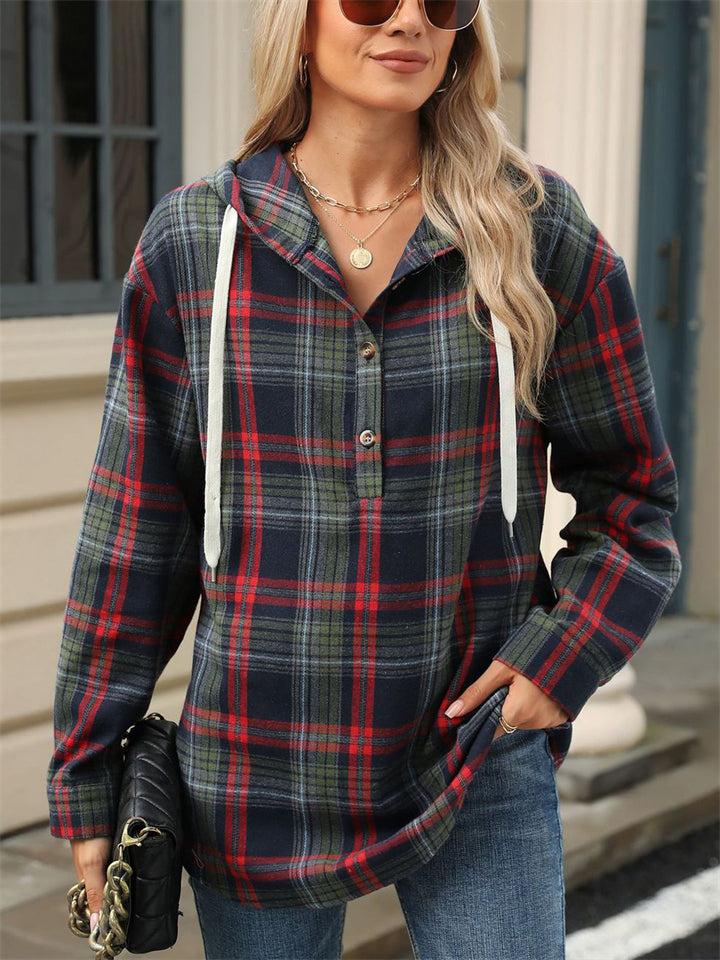 Women's Casual Autumn Contrast Color Plaid Long Sleeve Hoodies
