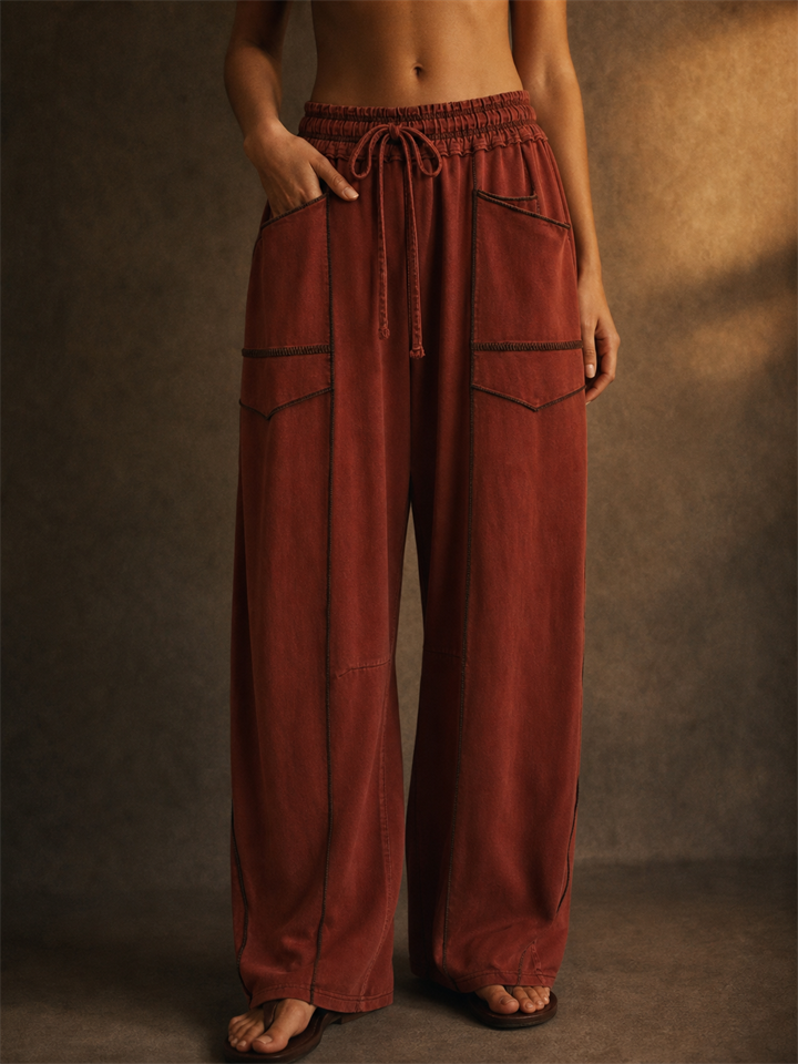 Women High Waist Contrast Trim Drawstring Wide Leg Scimitar Pants