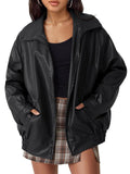 ‌Stylish Faux Leather Lapel Oversized Moto Jacket for Women