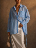 Womens Blue Linen Button Down Oversized Casual Shirt