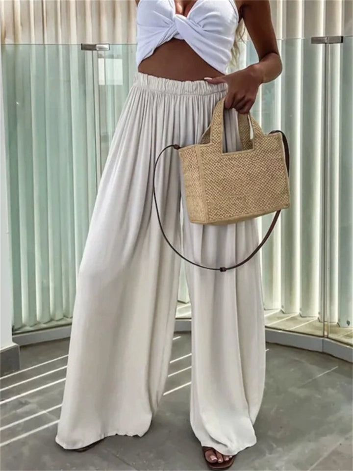 Women's Casual Solid Color Elastic Waist Pleated Drape Wide Leg Pants