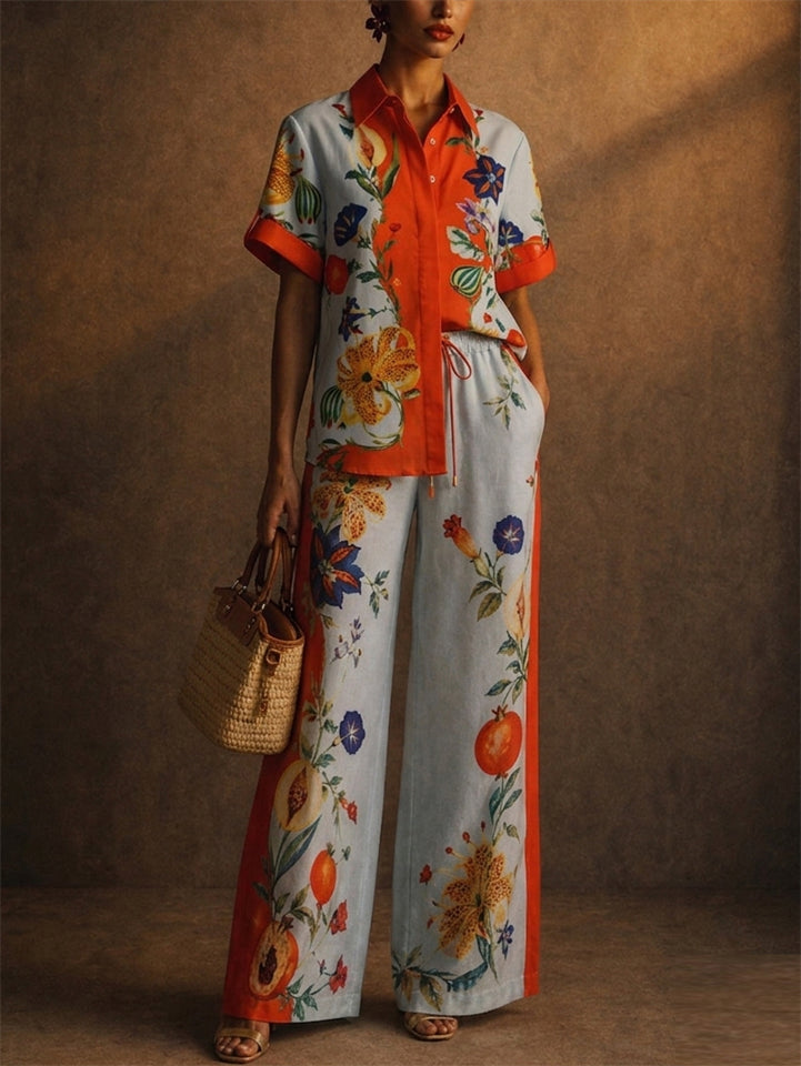 Women Color Block Resort Floral Print 2 Piece Shirt and Wide Leg Pants Set