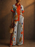 Women Color Block Resort Floral Print 2 Piece Shirt and Wide Leg Pants Set