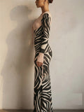 Women Zebra Print Tie Front Long Sleeve Bodycon Maxi Dress