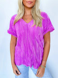 Women's Solid Color Striped V Neck Casual Short Sleeve Shirts