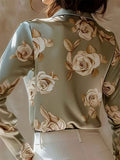 Women's V-Neck French Style Double Breasted Floral Print Lapel Blouses