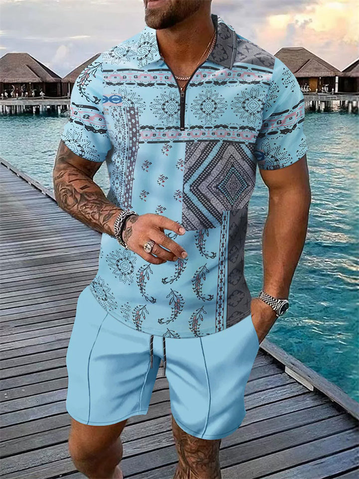 Men's 2 Piece Summer Holiday Style Print Quarter Zip Polo Shirt Shorts Outfits
