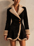 Women Vintage Faux Suede Coat Shearling Trim Button Front Winter Coat