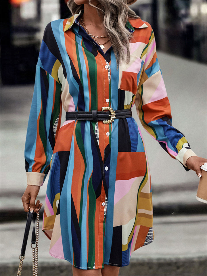 Women's Trendy Contrast Color Lapel Knee Length Shirt Dress