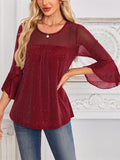 Women's Mesh Patchwork Bling 3/4 Flare Sleeve Shirt