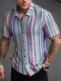 Men's Ethnic Colorful Striped Casual Button-up Short Sleeve Shirts