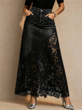Women High Waist Floral Lace Patchwork Denim Maxi Skirt