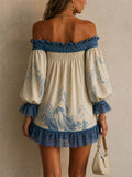 Women Boho Blue Print Lace Trim Off Shoulder Mini Dress