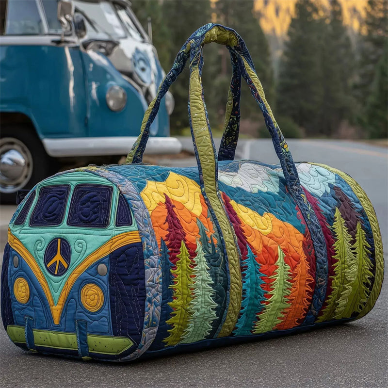 Blue Hippie Bus Landscape Quilted Duffle Bag