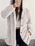 Women's Winter Solid Color Pit Stripe  Button Up Hooded Fleece Coats