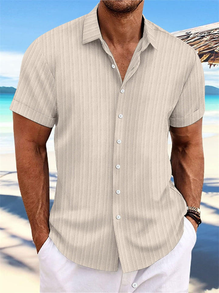 Men's Striped Texture Cotton Linen Short Sleeve Shirt