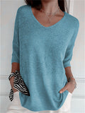 Casual Solid Color V-Neck 3/4 Sleeve Sweater for Women