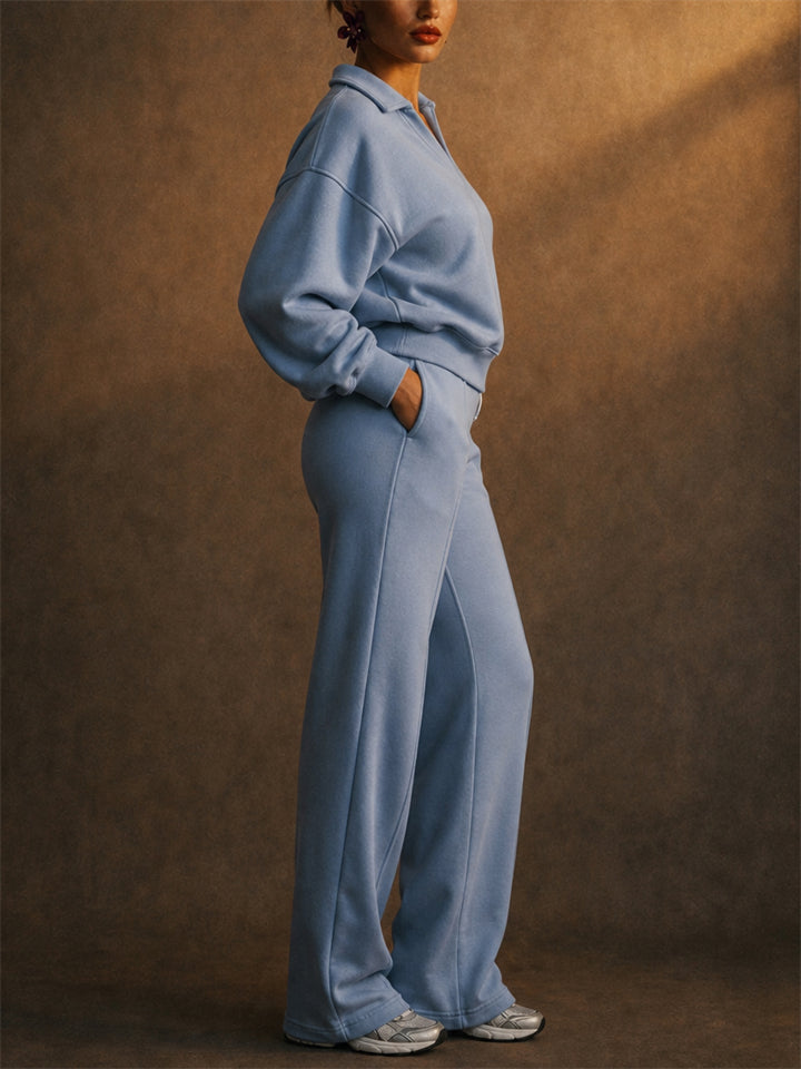 Women 2 Piece Casual Polo Wide Leg Lounge Set Sweatsuit
