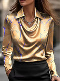 Elegant Geometric Print Turn-Down Collar Satin Blouse for Women