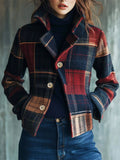 Women's Autumn Retro Color Block Plaid Stand Collar Single Breasted Coats