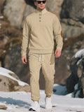 Men's Casual Contrast Color Texture Jacquard Drawstring Sweatshirts & Sweatpants Outfit