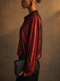 Women Red Metallic Shimmer Button Down Long Sleeve Party Shirts
