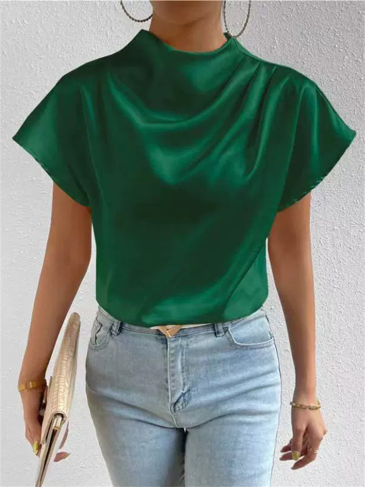 Ladies' Elegant Solid Color Semi-high Neck Short Sleeve Satin Blouses