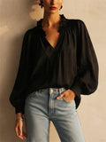 Womens Ruffle Neck V Neck Puff Long Sleeve Boho Blouse