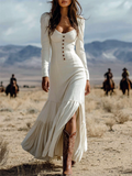‌Sexy Boho Chic Long Sleeve Button Front Maxi Dress for Women‌